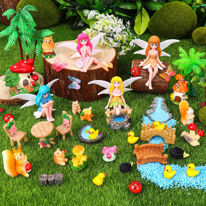QAUYETM 40Pcs Fairy Garden Accessories Miniature Garden Ornaments Kit with Mini Animal Plant Fairies Furniture House Figures Bulk for Micro Landscape DIY Terrarium Potted Plants Dollhouse Decor