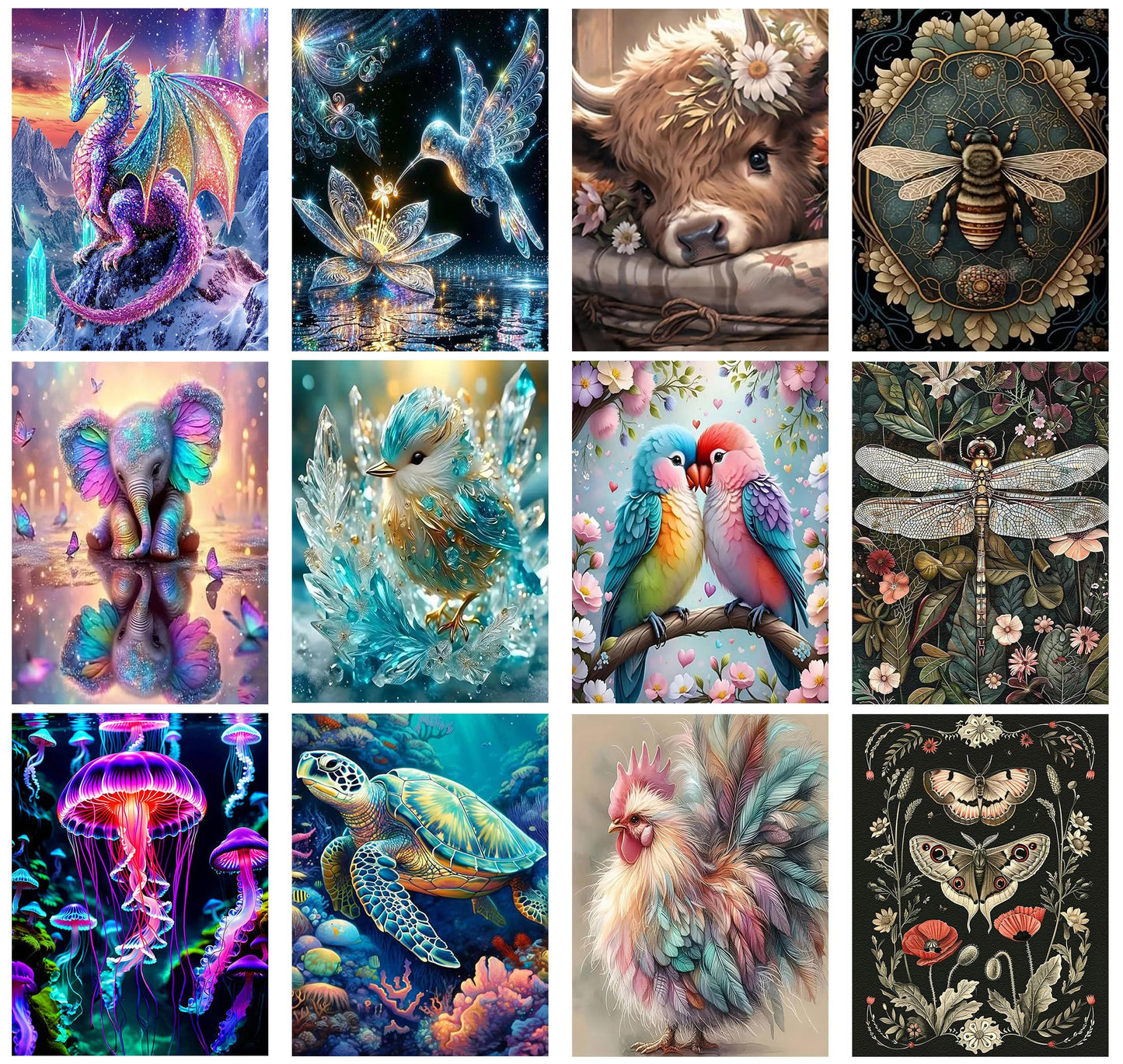 Meothan Multipack Diamond Art Kits for Adults, 12 Pack Animals Diamond Painting Kits for Adults, 5D DIY Round Dimond Gem Art Packs of 12, Home Decor Gift 12x16inch