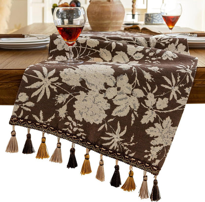 13 48 Inch Floral Dark Brown Table Runner for Living Room Jacquard Flower Dining Table Runner with Tassels Modern