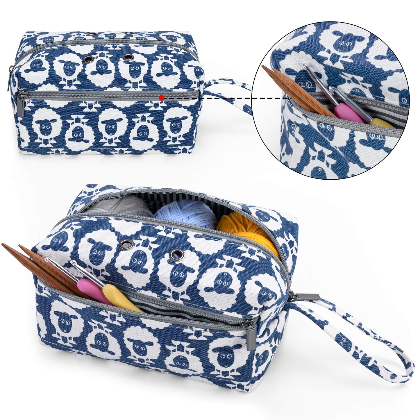 LUXJA Small Yarn Storage Bag, Portable Knitting Bag for Yarn Skeins, Crochet Hooks, Knitting Needles (up to 8 Inches) and Other Small Accessories (Sheep)