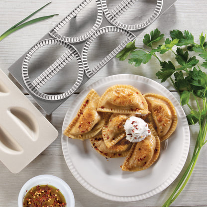 CucinaPro Pierogi Maker w Tray & Press- Make 6 Pierogis, Dumplings, Empanadas, Potstickers or Pastry at Once- Stainless Steel Durable Construction, Portable Set Easy to Use- Homemade Cooking Essential