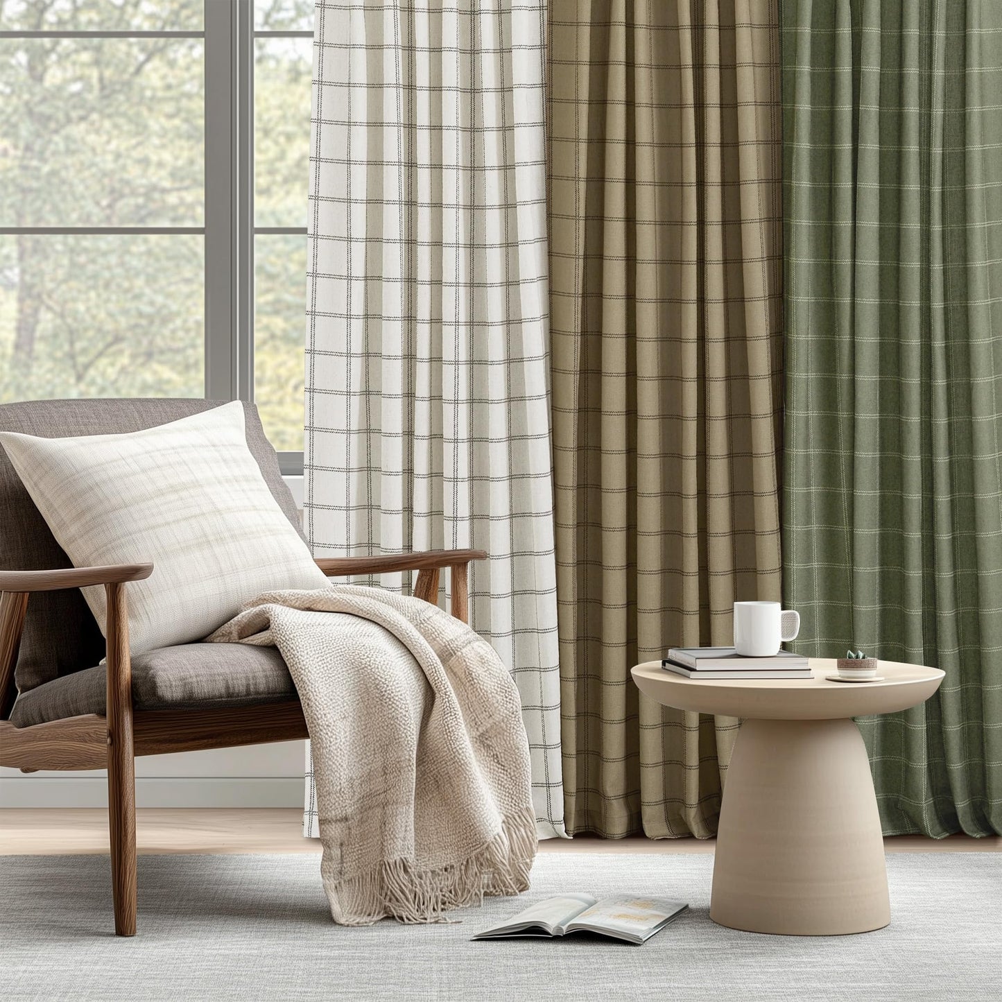NICETOWN Linen Plaid Curtains Gingham Window Panels Moss Green Check Tartan Light Filtering Curtains for Living Room Bedroom, Rod Pocket Back Tab, 2 Panels, 52 inch Wide x 84 inch Long