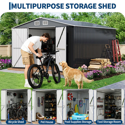 GarveeLife 12 X 10 ft Outdoor Storage Shed, Metal Garden Sheds & Outdoor Storage with Updated Frame Structure, Backyard Garden Terrace Tool Shed for Backyard, Lawn, Patio, Bike Storage, Gray