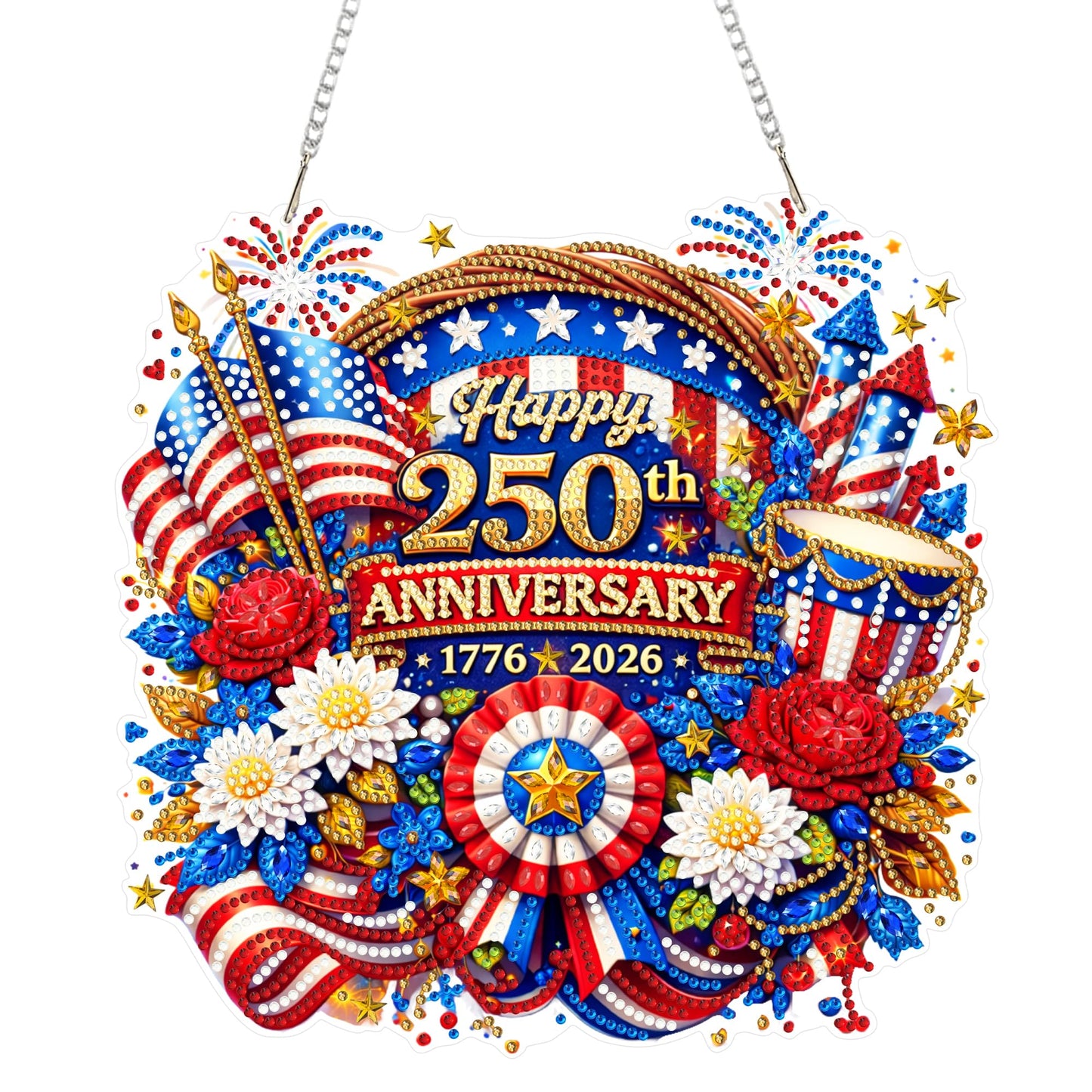 Eiflow Acrylic Diamond Art Hanging Kit for Adults 4th of July Wreath, DIY Diamonds Painting Door Hanger Board Kit, Special Crystal Diamond Art Painting Pendant Ornament (Happy 250th Anniversary)