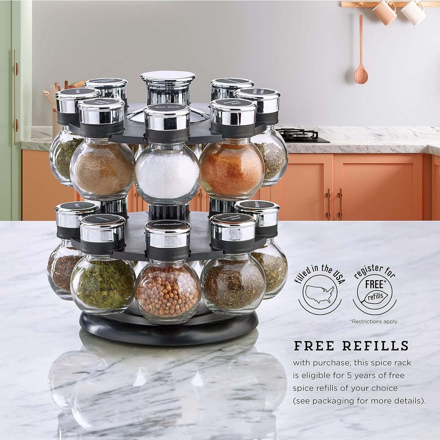 16 Countertop Kamenstein Ellington Jar Revolving Spice Rack with Prefilled Spices - Rotating Chrome and Plastic