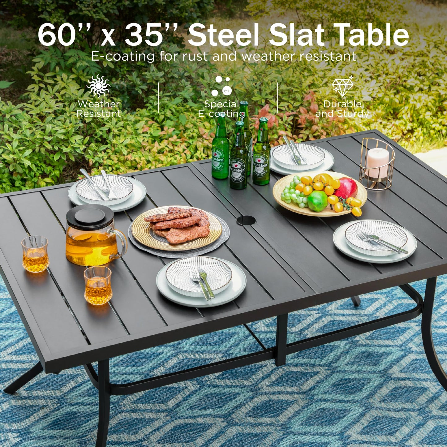 PHI VILLA Patio Dining Table and Chairs for 6,Outdoor Chairs with Textilene Fabric,Quick-Dry and Waterproof,Large Metal Table with Umbrella Hole,Durable and Sturdy for Outside,Garden,Yard