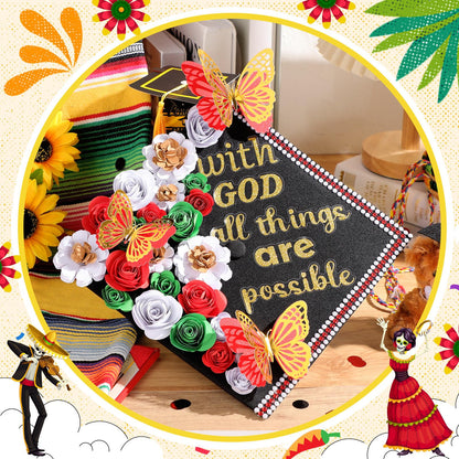 Feifeiya 44 Pcs DIY Graduation Cap Decoration Tool Kit Grad Cap Topper Faux Paper Flower Head Quote Glitter Sticker 3D Butterfly Pearl Rhinestone Sticker for Graduation Hat Decor(Red)
