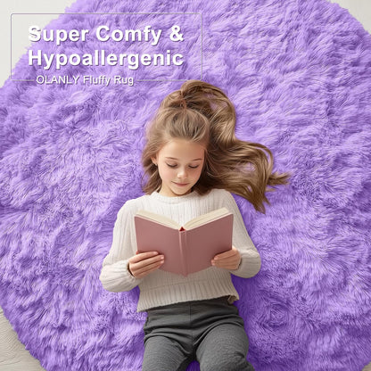 OLANLY Purple Round Area Rug - Soft & Fluffy Machine Washable 3 ft Circle Carpet for Bedroom & Nursery Decor