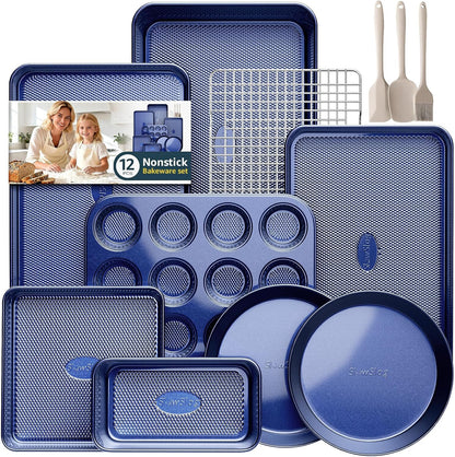 Regine Switzerland 12-Piece Nonstick Bakeware Set - Oven Safe Ceramic Coated in Blue with Essential Utensils