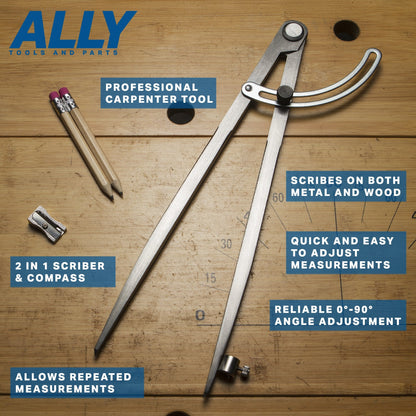 ALLY Tools 12 Inch Precision Locking Wing Divider/Woodworking Compass with Pencil Holder INCLUDES Two Pencils and Pencil Sharpener Ideal for Drawing, Drafting, Carpentry
