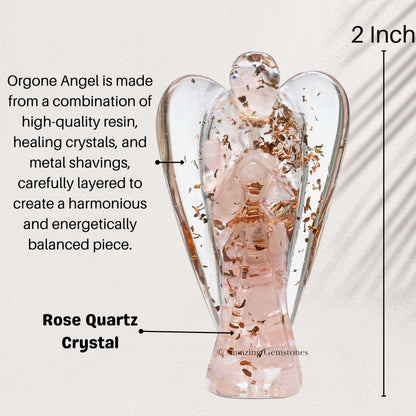 Amazing Gemstone Rose Quartz Guardian Angel Figurine Pocket Crystal Angel for Protection - Orgone Guardian Angel with Orgonite Layer and Natural Crystal for Healing Gift (2 Inch, Organite)