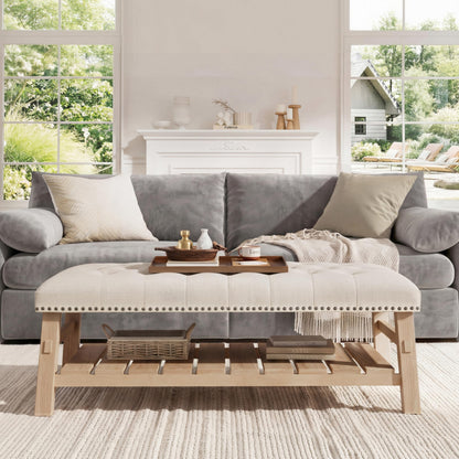 Merax 48" Large Rectangle Linen Blend Ottoman Coffee Table, Button Tufted with Slatted Storage Shelf, Upholstered Footstool Bench with Nailhead Trim & Solid Wood Legs, Seats for Living Room, Beige