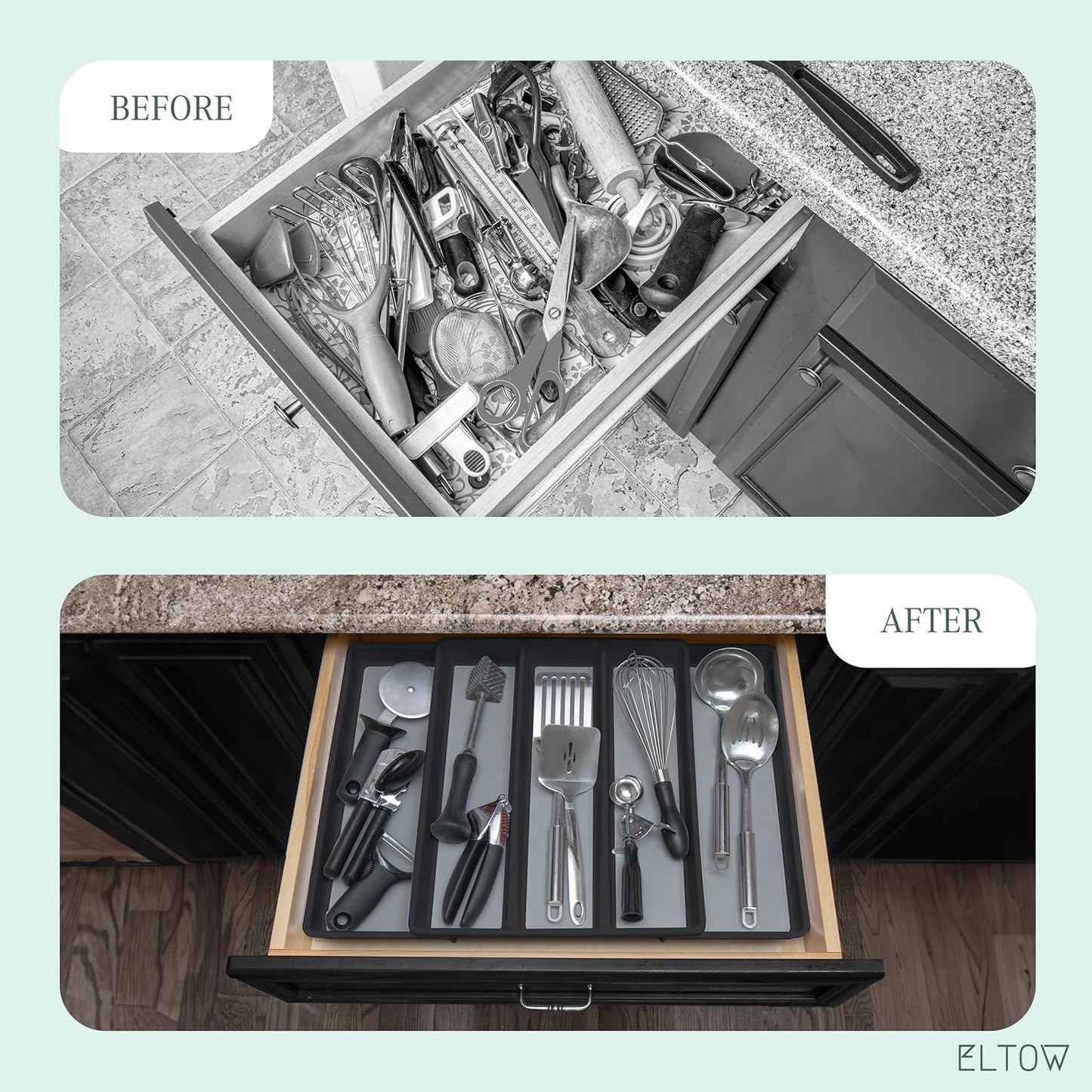 ELTOW Expandable Utensil Drawer Organizer, 5 Compartment Non-Slip & Adjustable Large Tray for Kitchen Drawers, Black