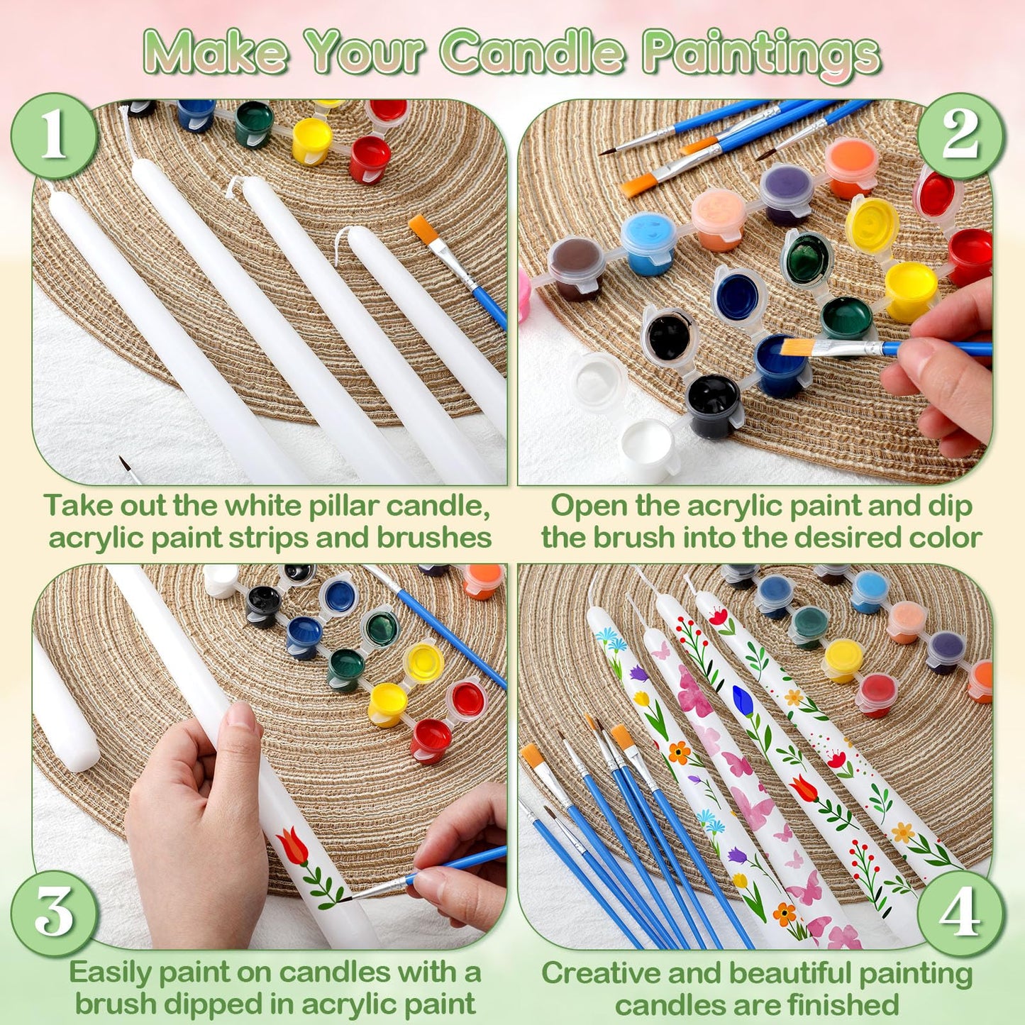 MTLEE 54 Pcs DIY Candle Painting Kit Include White Candles Colorful Acrylic Paint Strips and Paintbrushes for Crafts Making Wedding Birthday Party Centerpiece (Taper)