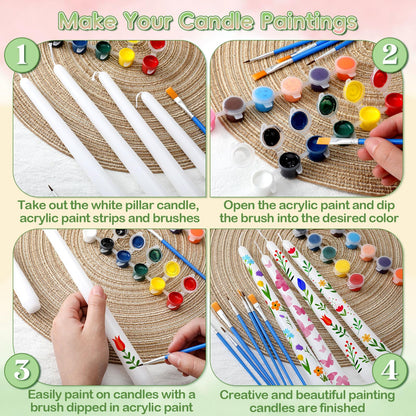 MTLEE 54 Pcs DIY Candle Painting Kit Include White Candles Colorful Acrylic Paint Strips and Paintbrushes for Crafts Making Wedding Birthday Party Centerpiece (Taper)
