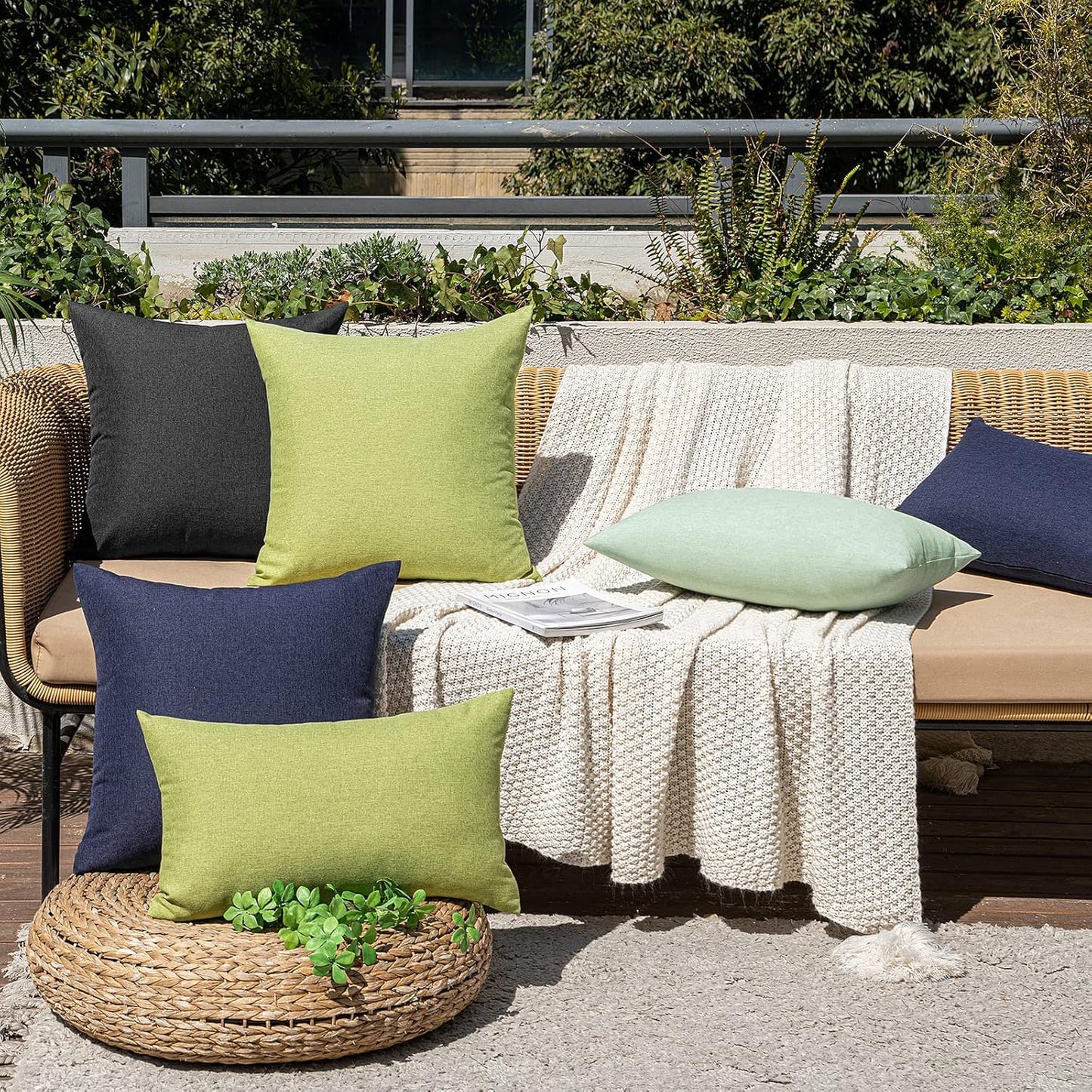 MIULEE Decorative Outdoor Throw Pillow Covers - Waterproof Faux Linen Cushion Cases | 20x12 Inch, Moss Green (Pack of 2)