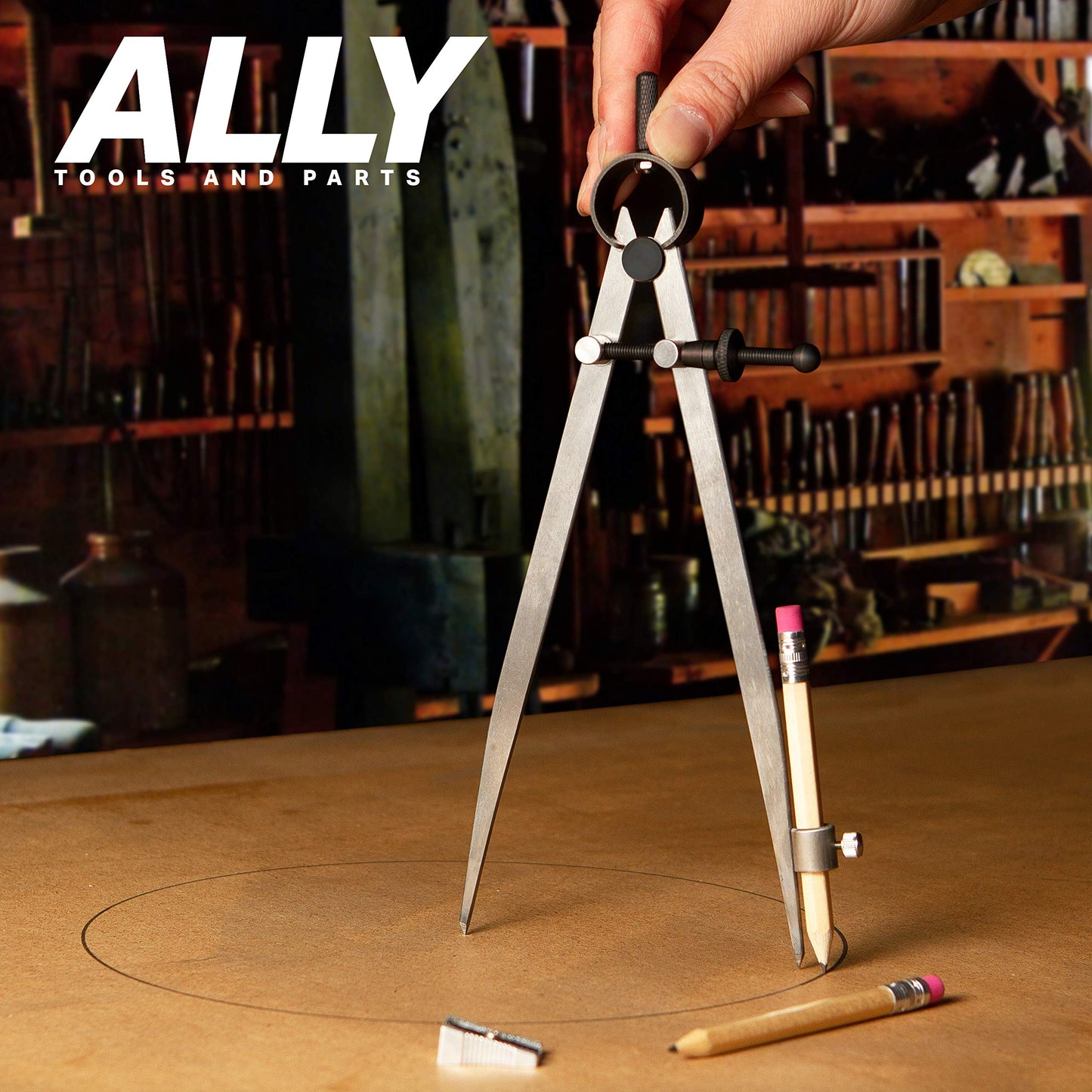ALLY Tools 8 Inch Precision Locking Spring Divider/Woodworking Compass with Pencil Holder INCLUDES Two Pencils and Pencil Sharpener Ideal for Drawing, Drafting, Carpentry