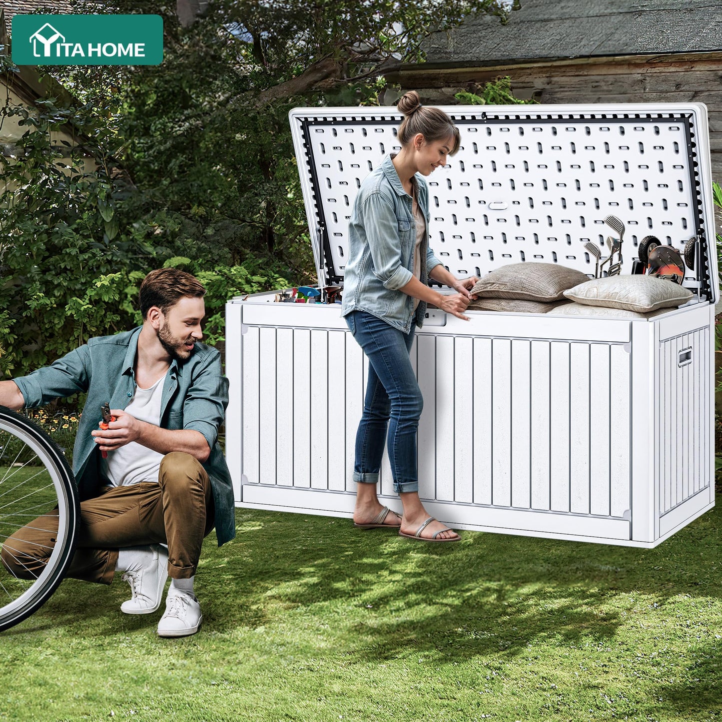 YITAHOME 320 Gallon Double-Wall Deck Box with Divider & Side Handles, Outdoor Large Storage for Patio Furniture Cushions, Garden Pool Accessories, Water Resistant & Lockable