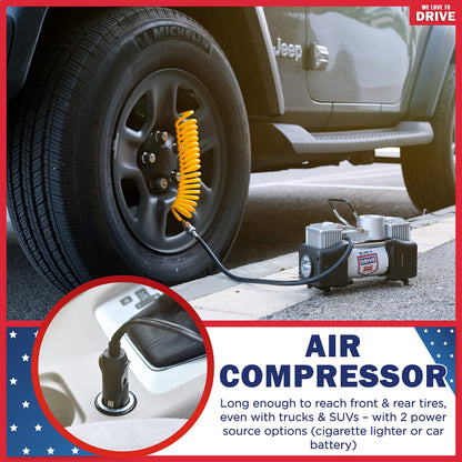 Tire Inflator Portable Air Compressor with Tire Repair Kit – 12V DC Dual Cylinder Air Pump for Car Tires, 150 PSI Tire Pump with Tire Pressure Gauge, Car Emergency Kit, and Cars Accessories Air Pump