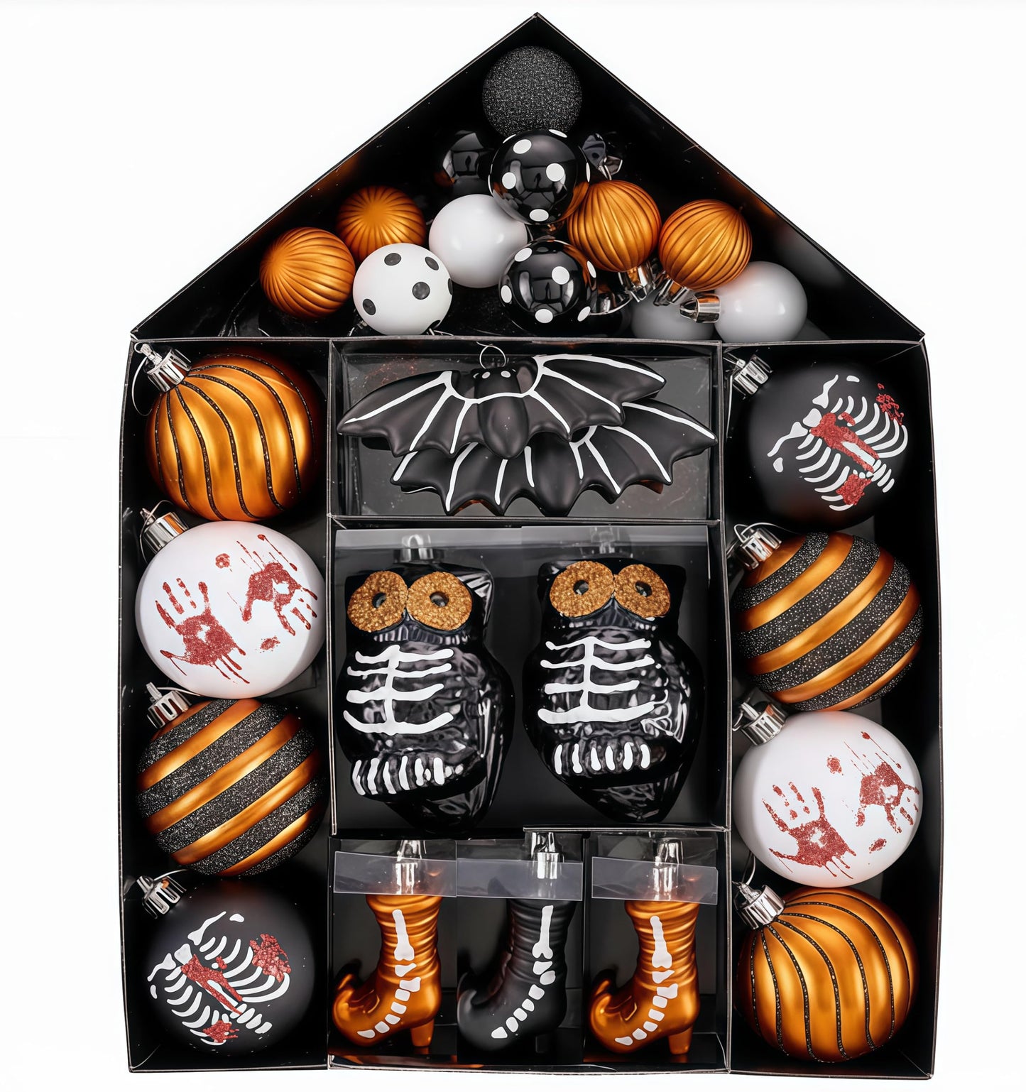Valery Madelyn Halloween Ornaments Tree Decorations Indoor, 40ct Medium Set Variety Shatterproof Scary Skeletons Owl Bats Hanging Ball Ornaments Set for Small Tree, Spooky Holiday Party Home Decor