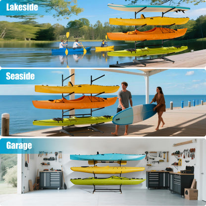 AlloyLake 4-Tier Freestanding Kayak Rack, Pro-Grade Heavy Duty Outdoor Storage for 4 Boats, 440 lbs Max Capacity, Rust-Proof 304 Stainless Steel Hardware (Black)