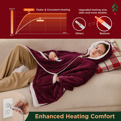Bedsure Heated Blanket Wearable Shawl - Electric Wrap Poncho Blanket Hoodie for Adult, Birthday Gifts for Mom Women, Sherpa Heating Throw with 4 Time Settings & 6 Heat Settings, 55x64 inches, Grey