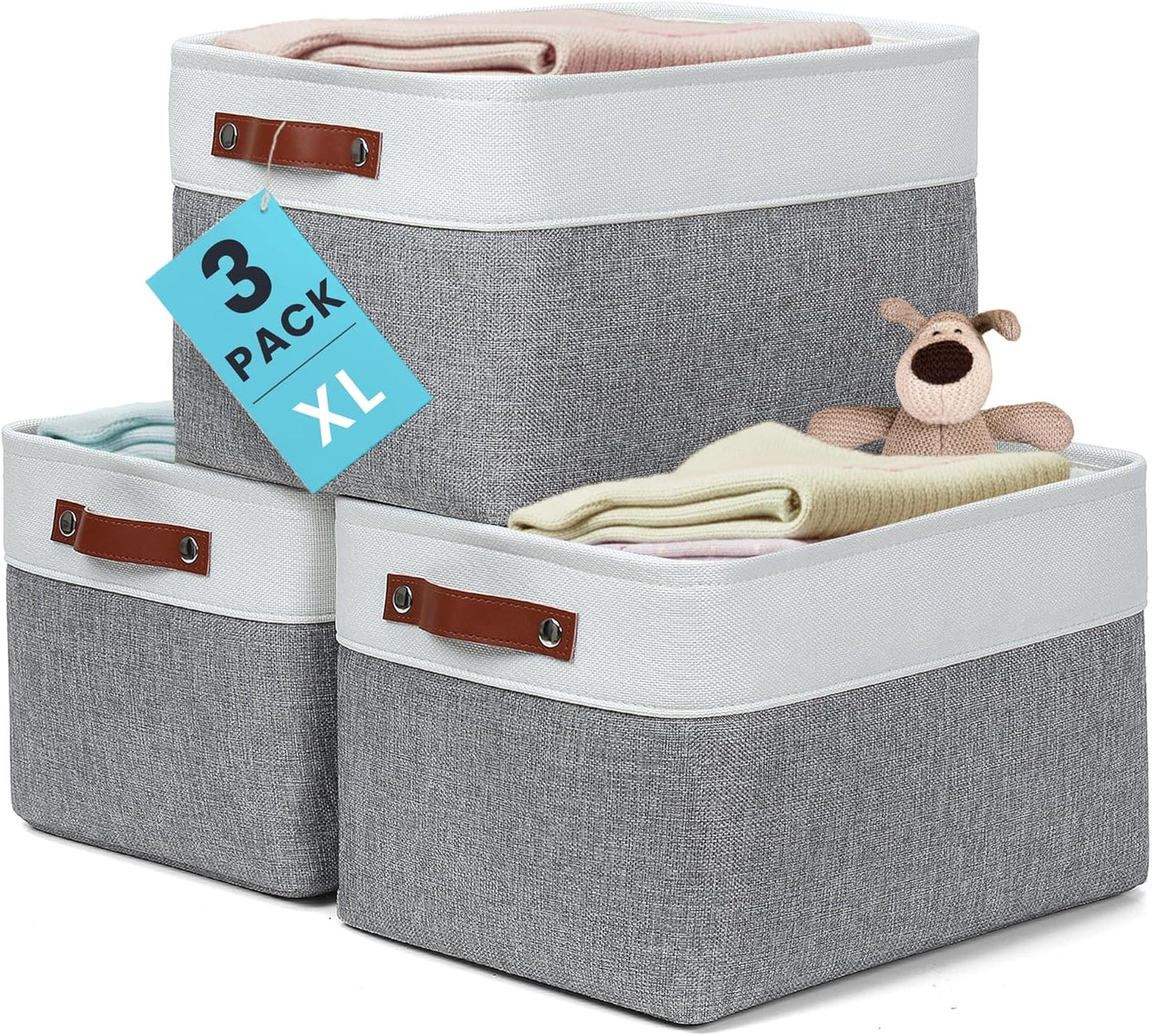 OrganiHaus Extra Large Fabric Storage Baskets - 3 Pack Canvas Organizers for Shelves | 16x13in Gray/Off-White