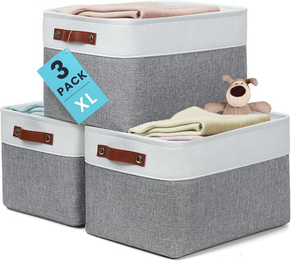 OrganiHaus Extra Large Fabric Storage Baskets - 3 Pack Canvas Organizers for Shelves | 16x13in Gray/Off-White