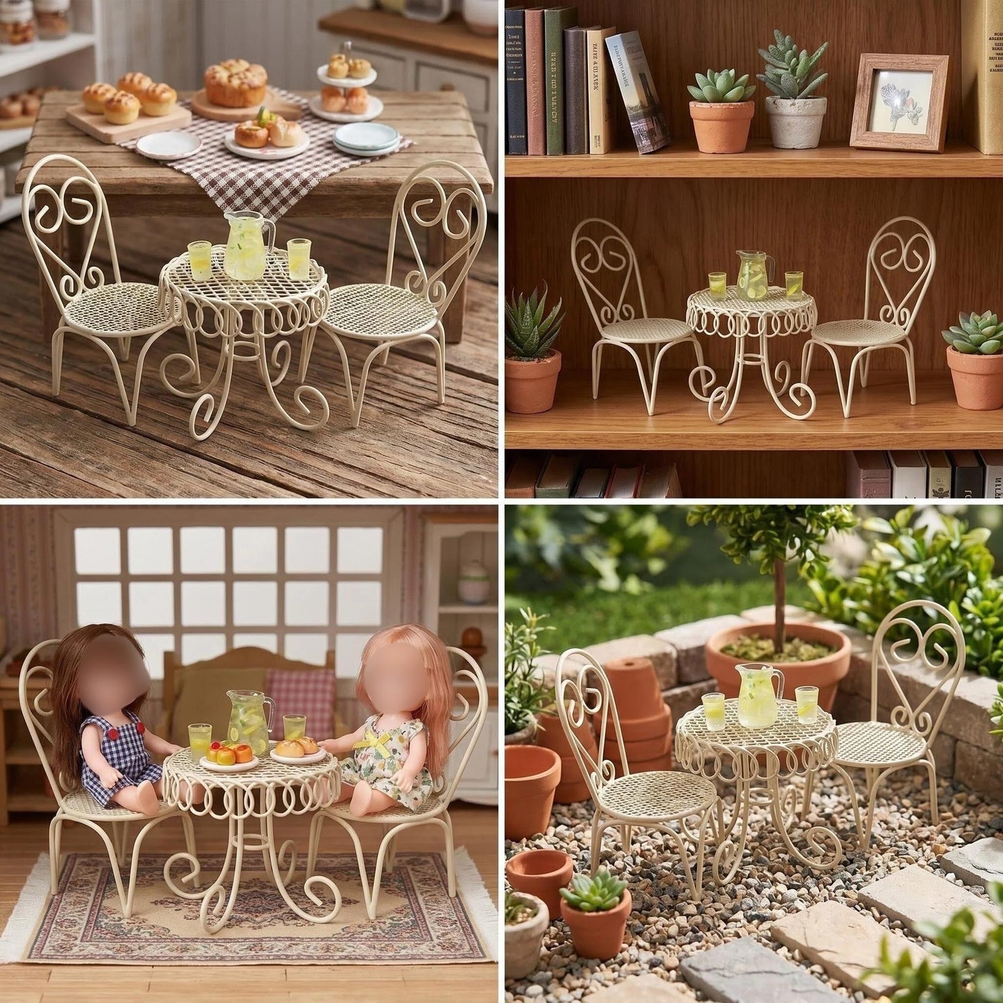 6 PCS Dollhouse Miniature Bistro Table & Chairs Set with Lemonade Pitcher and Cups 1 12 Scale Metal Furniture Fairy Garden Kitchen Decoration Accessories