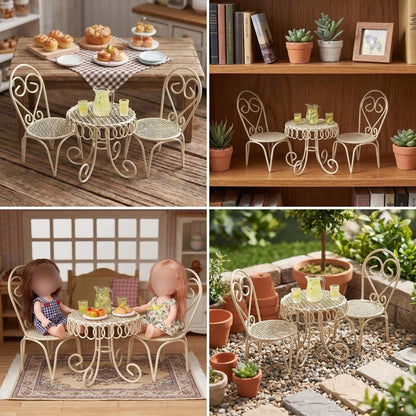 6 PCS Dollhouse Miniature Bistro Table & Chairs Set with Lemonade Pitcher and Cups 1 12 Scale Metal Furniture Fairy Garden Kitchen Decoration Accessories