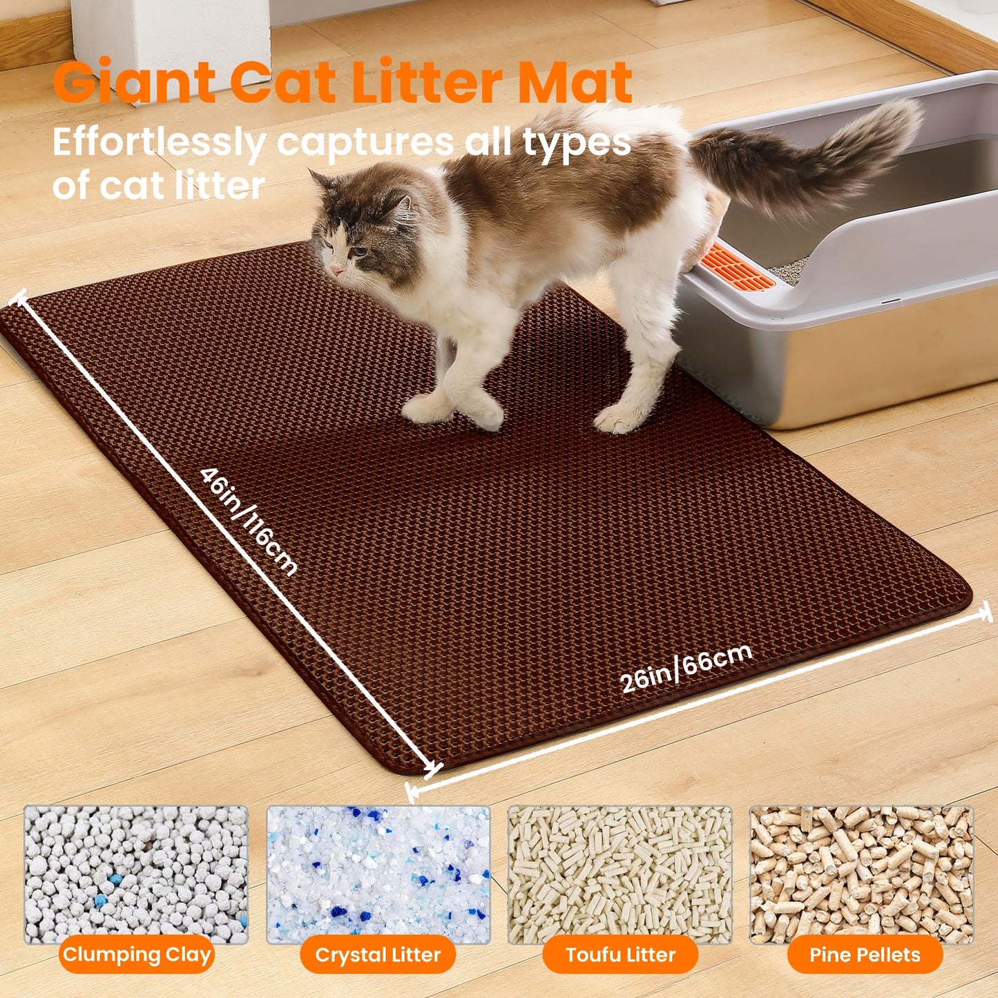 Petinstinct Jumbo Cat Litter Mat, 46x26 Inches Double Layer Honeycomb Litter Trapping Mat, Non Slip Waterproof Urine Proof Extra Large Cat Litter Box Mat, Kitten Supplies and Essentials, XXL, Brown