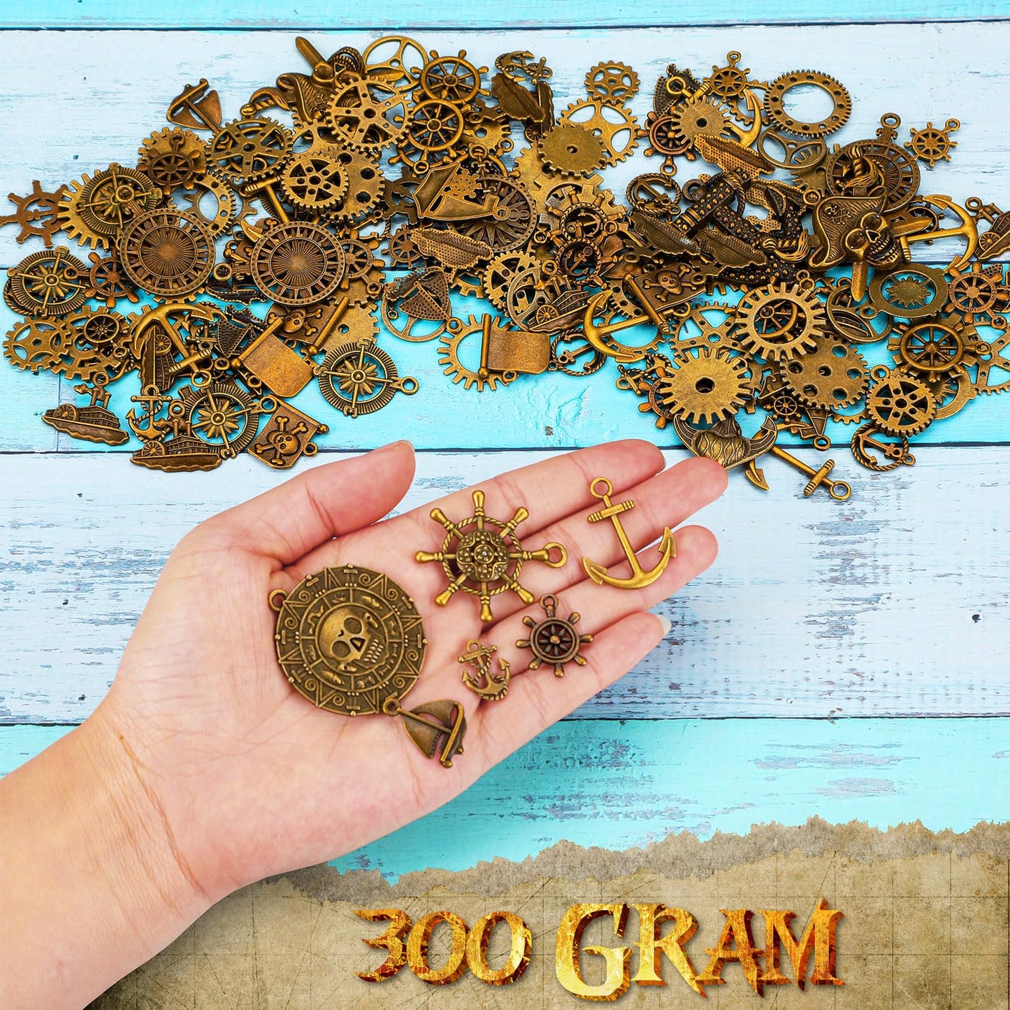Hicarer 300 Gram Gears Charms, Nautical Anchor Rudder Helm Compass Charms Pendant, Bulk Mixed Antique Bronze Gears Steampunk, Clock Watch Cog Wheel for DIY Necklace Bracelet Jewelry Making Accessories