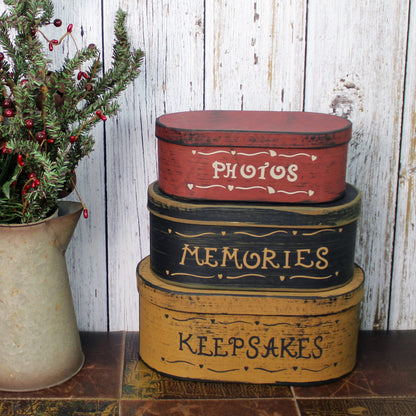 CVHOMEDECO. Primitives Antique Oval Photos, Memories, Keepsakes Cardboard Nesting Boxes, Large 9-3/4 x 5-1/2 x 4 Inch, Set of 3.