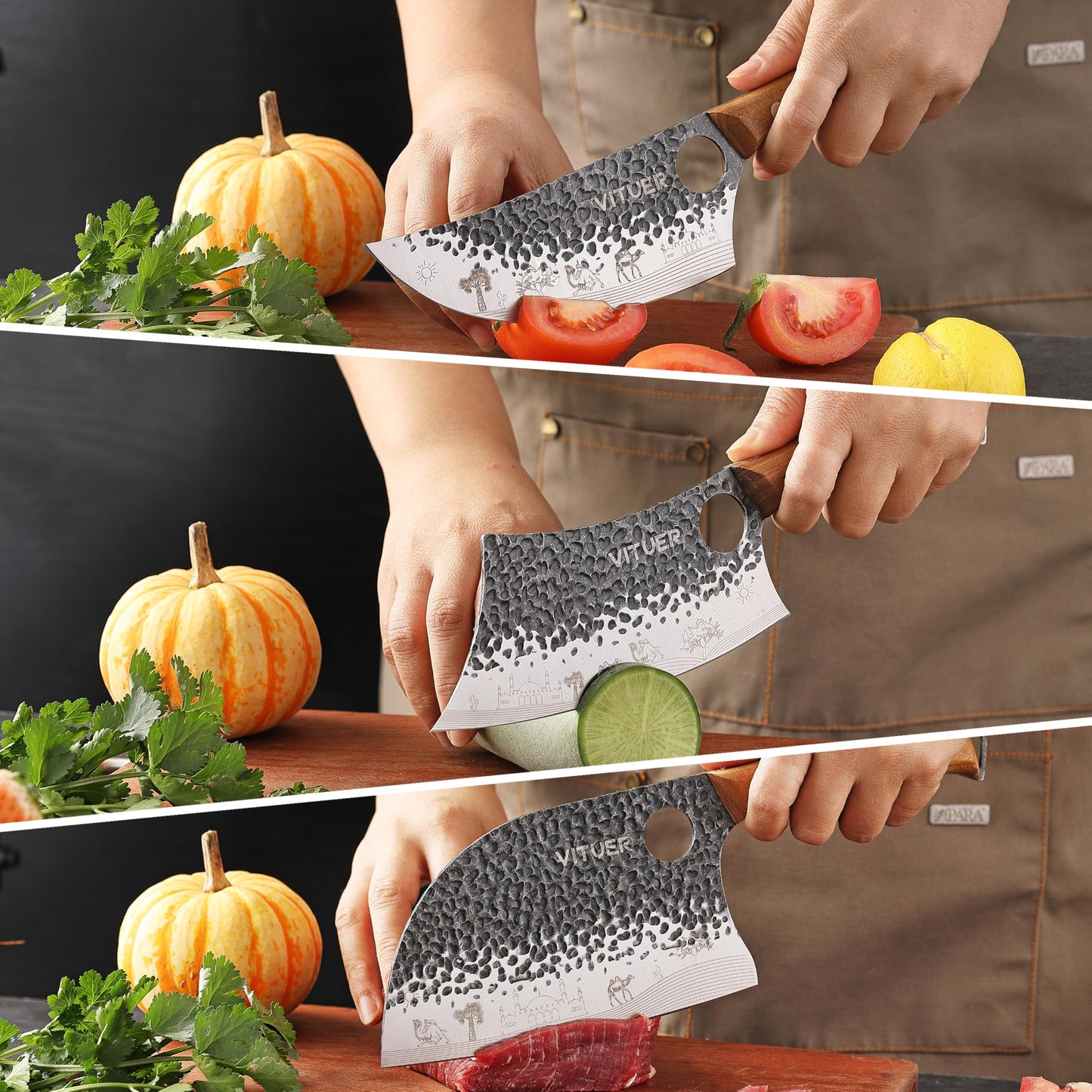 3PCS Butcher Knife Set, Hand Forged 7" Butcher Meat Cleaver, 7" Serbian Chef and 6.5" Viking Knife, Great for Indoor & Outdoor (Stylish Pattern Design)