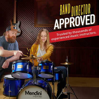 Mendini by Cecilio Drum Set, 5 Piece 16 Inch Junior Drums Kit with Bass, Toms, Snare Drum, Cymbal, Hi-Hat, Drumsticks & Seat for Beginner (Metallic Silver)