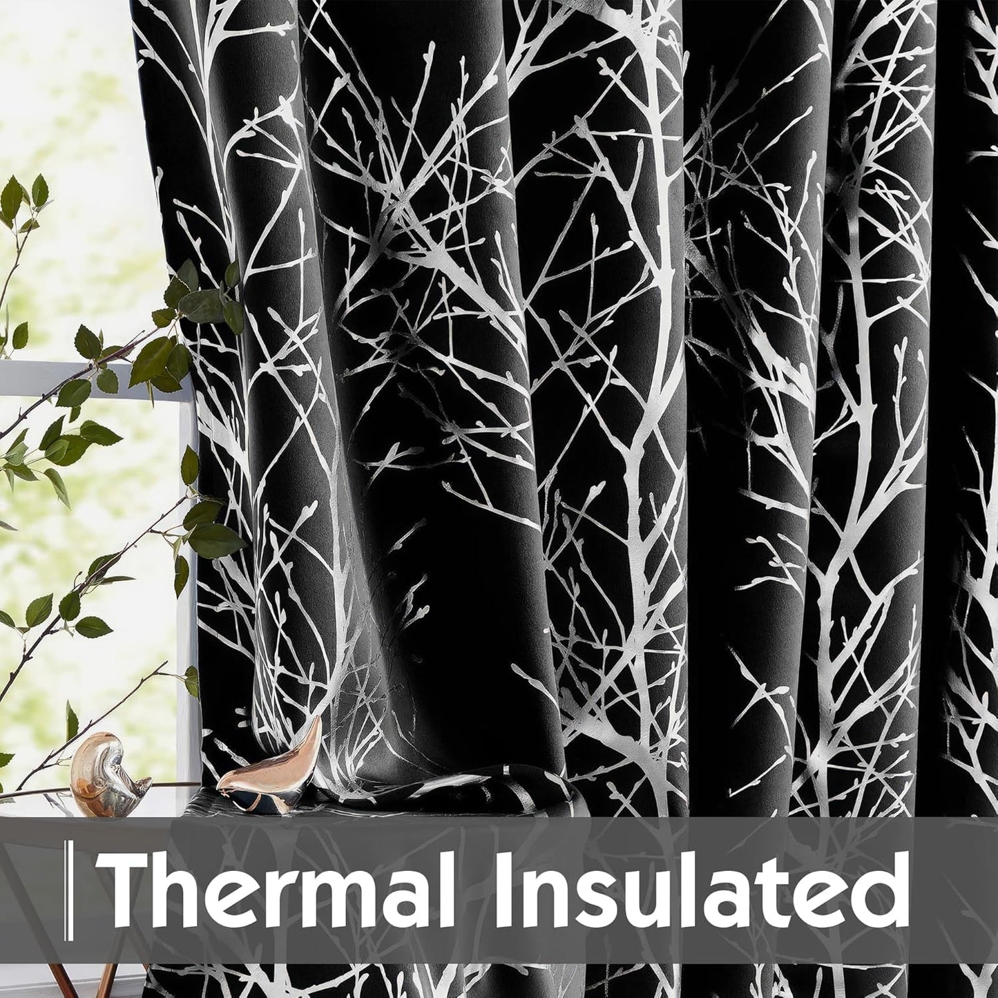 FMFUNCTEX 100% Blackout Curtains for Bedroom, 54 Inch Length Black Branch Panels for Living Room, Thermal Insulated 2