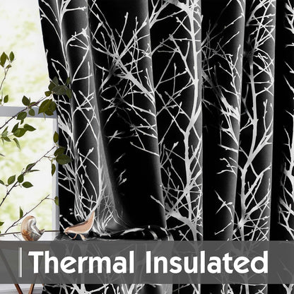 FMFUNCTEX 100% Blackout Curtains for Bedroom, 54 Inch Length Black Branch Panels for Living Room, Thermal Insulated 2
