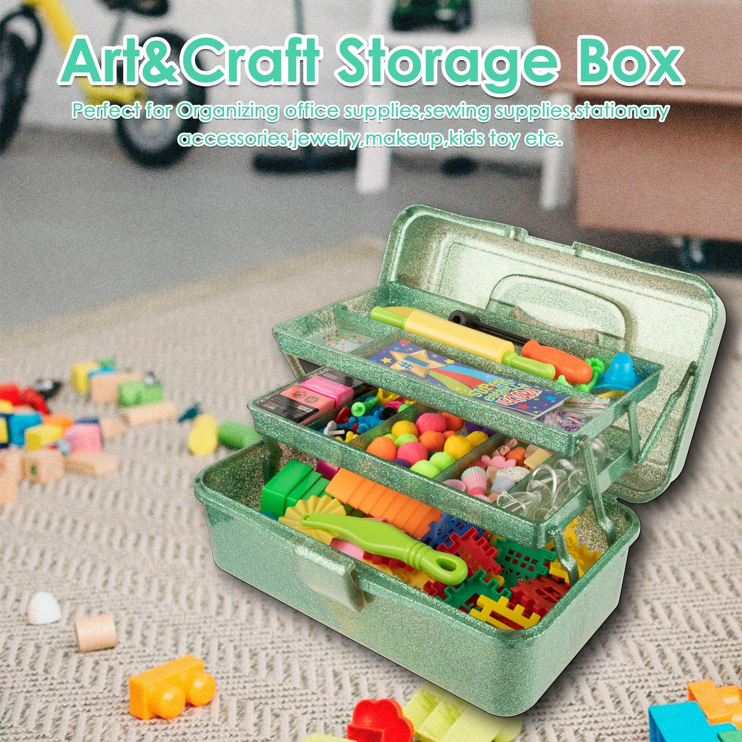 Glitter Art & Craft Tool Storage Box,3-Layer Stackable Carry Tackle Box Sewing Box Organizer for Art Supply, Makeup,Sewing Supply (Green)