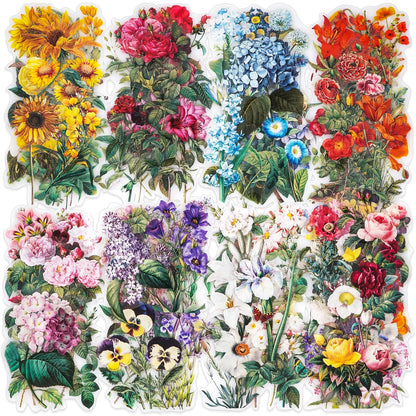 Knaid 100 Pieces Vintage Flower Stickers Set - Big 3.4" Waterproof Clear Botanical Floral Journaling Sticker for Scrapbooking Junk Journal Supplies Bullet Journals Planner Collage Laptop Paper Crafts