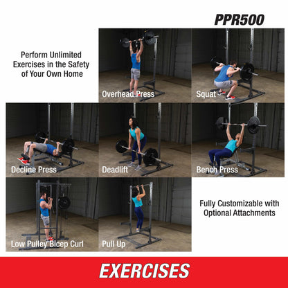 Body-Solid Powerline (PPR500) Half Rack - Compact Power Cage with J-Cups & Safety Spotter Arms for Home Gym Strength Training