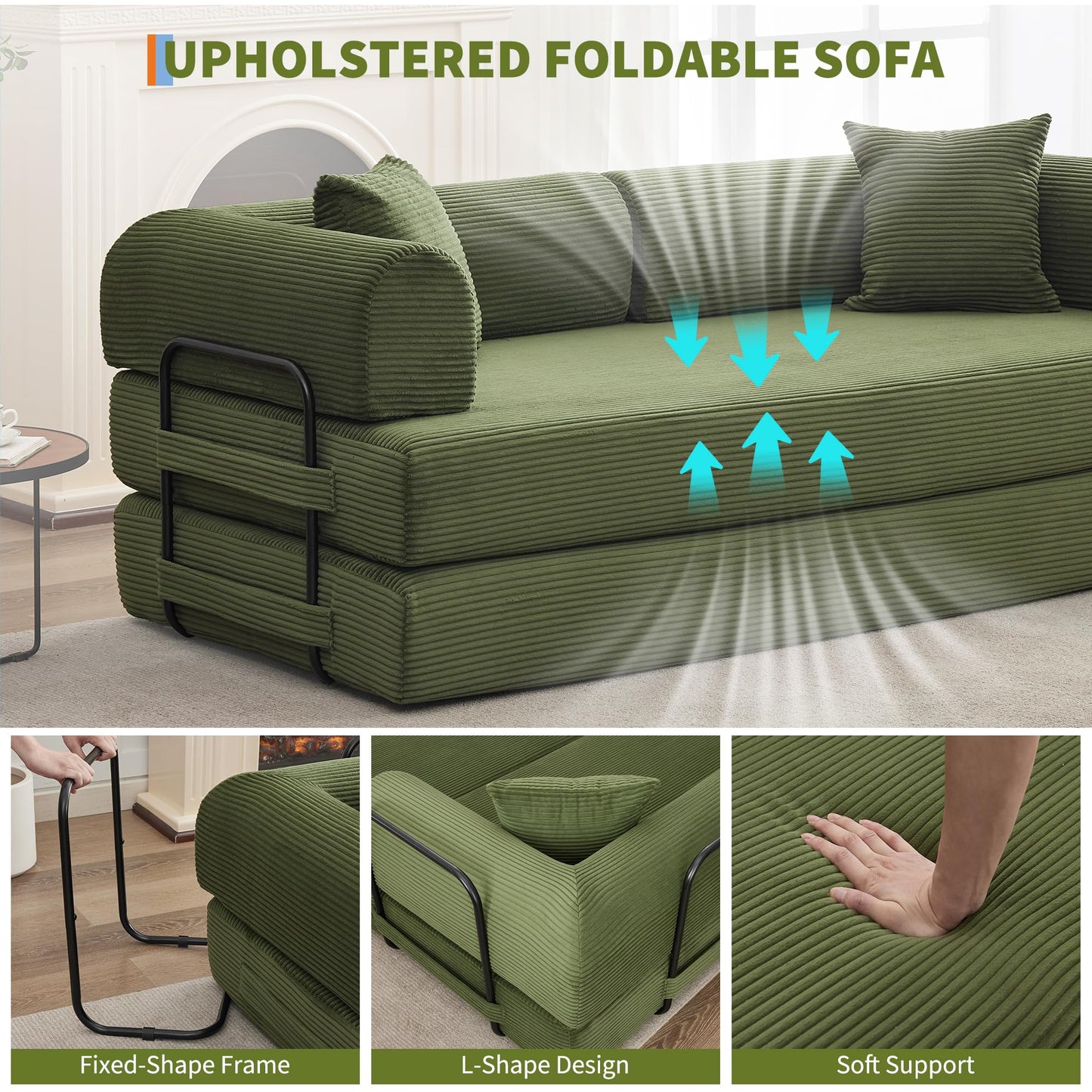 IDEALHOUSE 4 in 1 Convertible Sleeper Sofa Bed Couch, 79 Inch Boneless Corduroy Floor Couch with Pillows, No Assembly, Modern Deep Seat Sofa Futon Mattress for Living Room,Apartment,Green