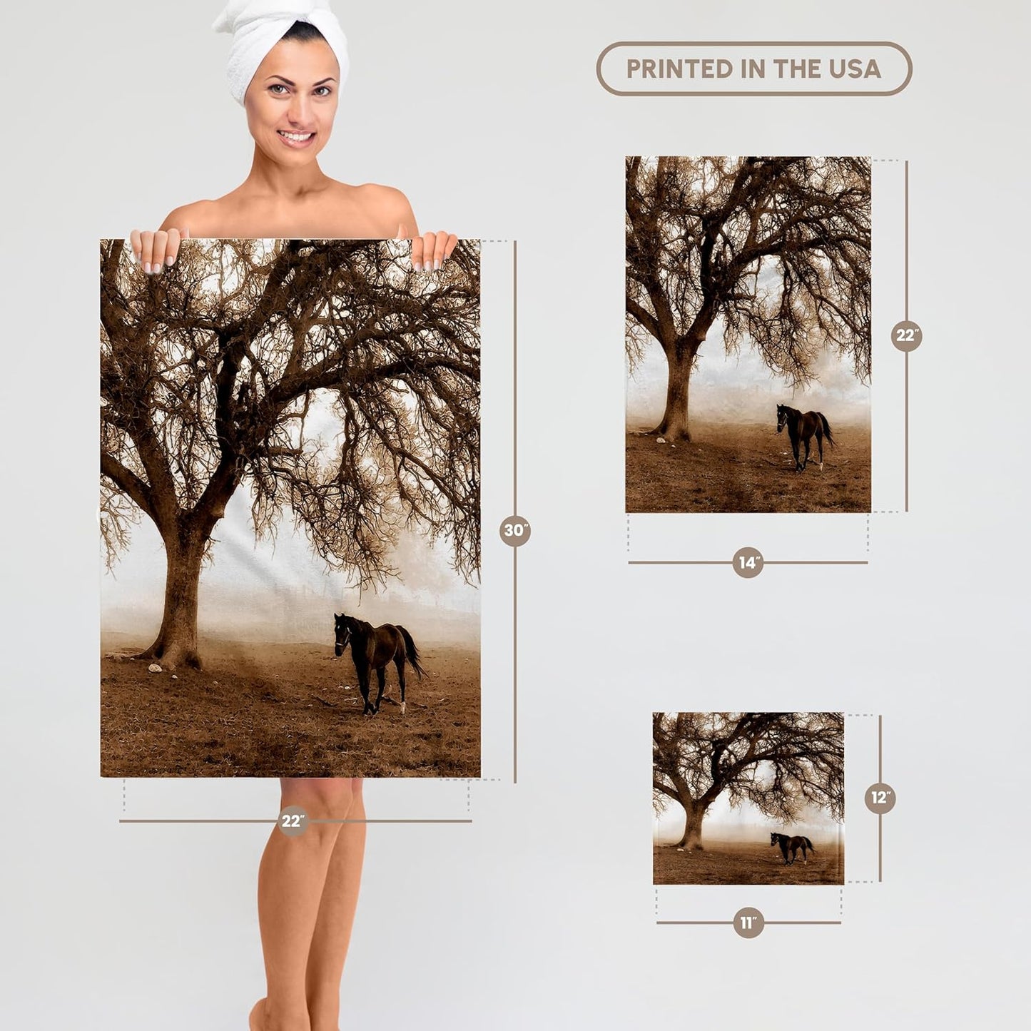 3D Rose Western Sepia Toned Horse on a Ranch with Oak Tree Towel, 15" x 22", Multicolor