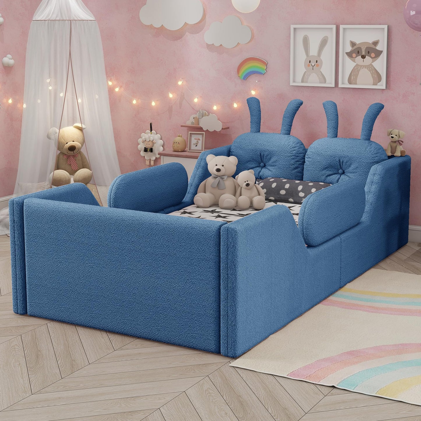 KEIKI Twin Size Upholstered Platform Bed, Kids Floor Bed Frame with Rabbit Shaped Cushion, Cute Bed Frames Twin for Boys Girls, Safety Rails & Wooden Slat, No Box Spring Required, Easy Assembly, Blue