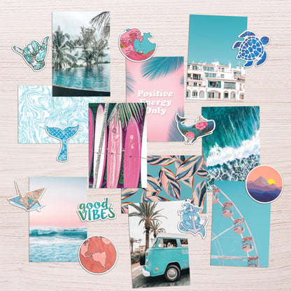 Blue Aesthetic Wall Collage Kit, 100 Set 4x6 inch, Pink VSCO Room Decor for Teen Girls, Summer Beach Wall Art Print, Dorm Photo Collection, Small Posters for Room Aesthetic…