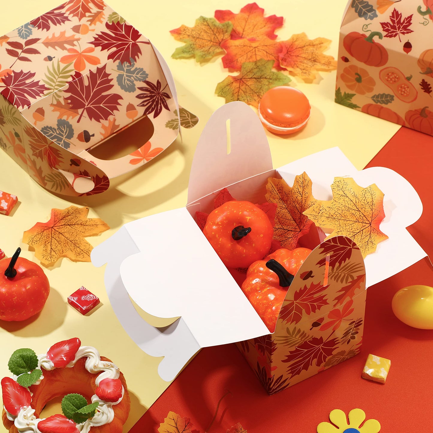 Capoda 24 Pcs Fall Treat Boxes Thanksgiving Fall Party Candy Boxes Pumpkin Maple Leaf Pattern for Treats for Thanksgiving Favor Autumn Harvest Halloween Birthday Party Decoration