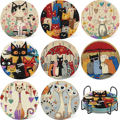 HMZephitiquc Cat Diamond Painting Coasters Kit, 8 Pcs Diamond Art Cat Coasters with Holder, 5D Small Gem Art Kit Easy Crafts, Non Slip Coaster for Home Decor Gift