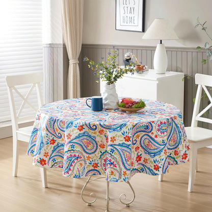 Newbridge Boho Chic Paisley Vinyl Tablecloth with Flannel Backing, 70 Inch Round, Blue Red Pink Floral Print