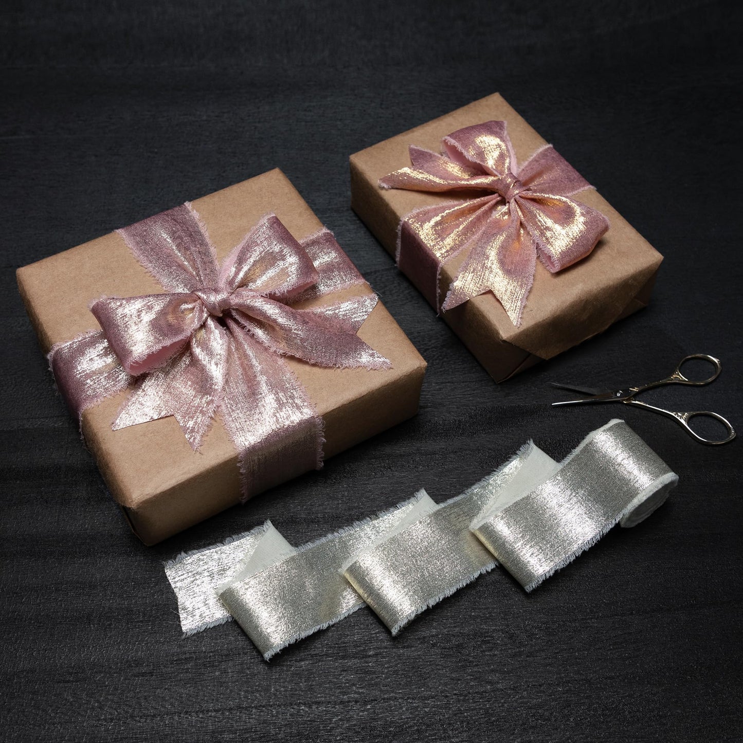 Keypan Pink Set Ribbon, Shimmery Chiffon Silk Ribbons Frayed Edge for Bridal Flower Bouquet Gift Wrapping Wedding Invitations Decor DIY Crafts 1.5" x 15 Yard 3 Rolls