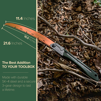 LAGOM Folding Camp Saw for Cutting Branches, 11.4" Curved Blade | SK5 Steel, Ergonomic Handle, One-Hand Use, Secure Lock | Foldable Pruning Tool for Camping, Gardening, Survival, Kayaking, Outdoors