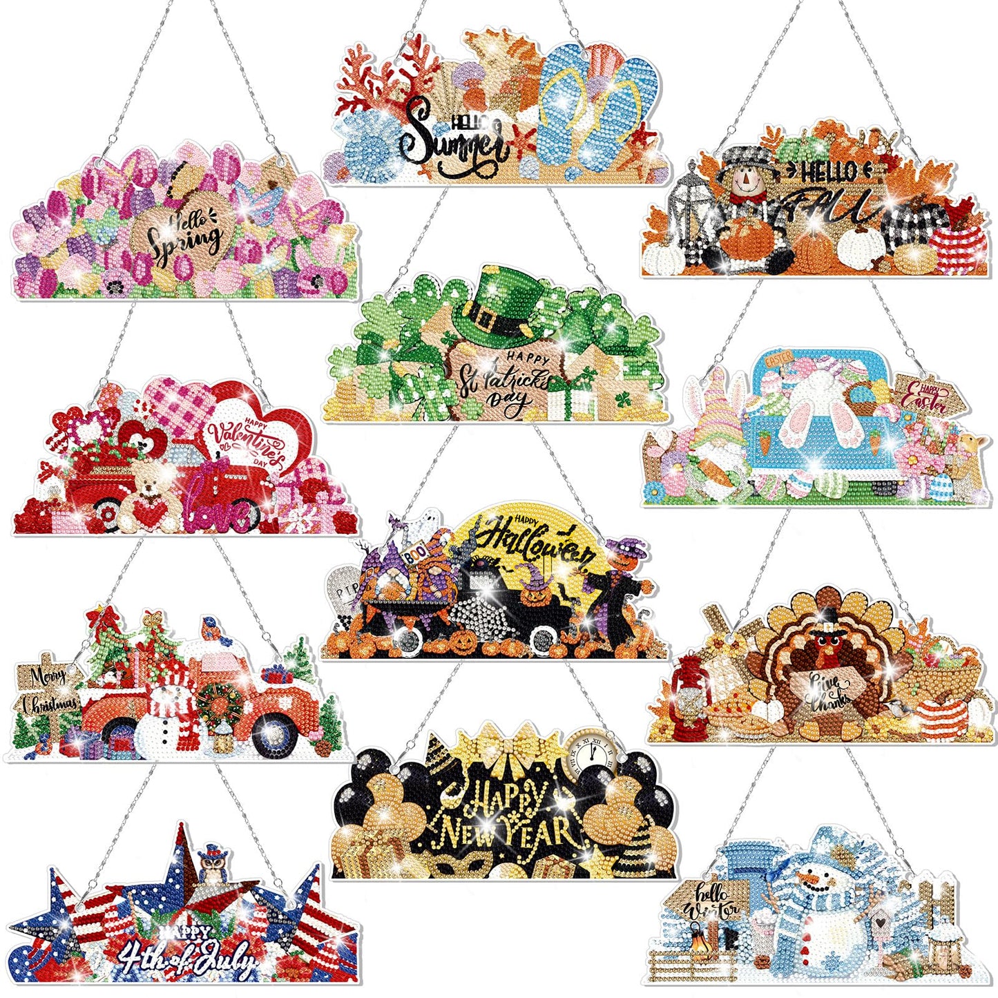 Cinnvoice 12 Pcs Seasonal Diamond Art Wreath Kits Holiday 5d DIY Diamond Painting Signs Germ Hanging Art Ornaments for Wall Door Decorations (Novel)